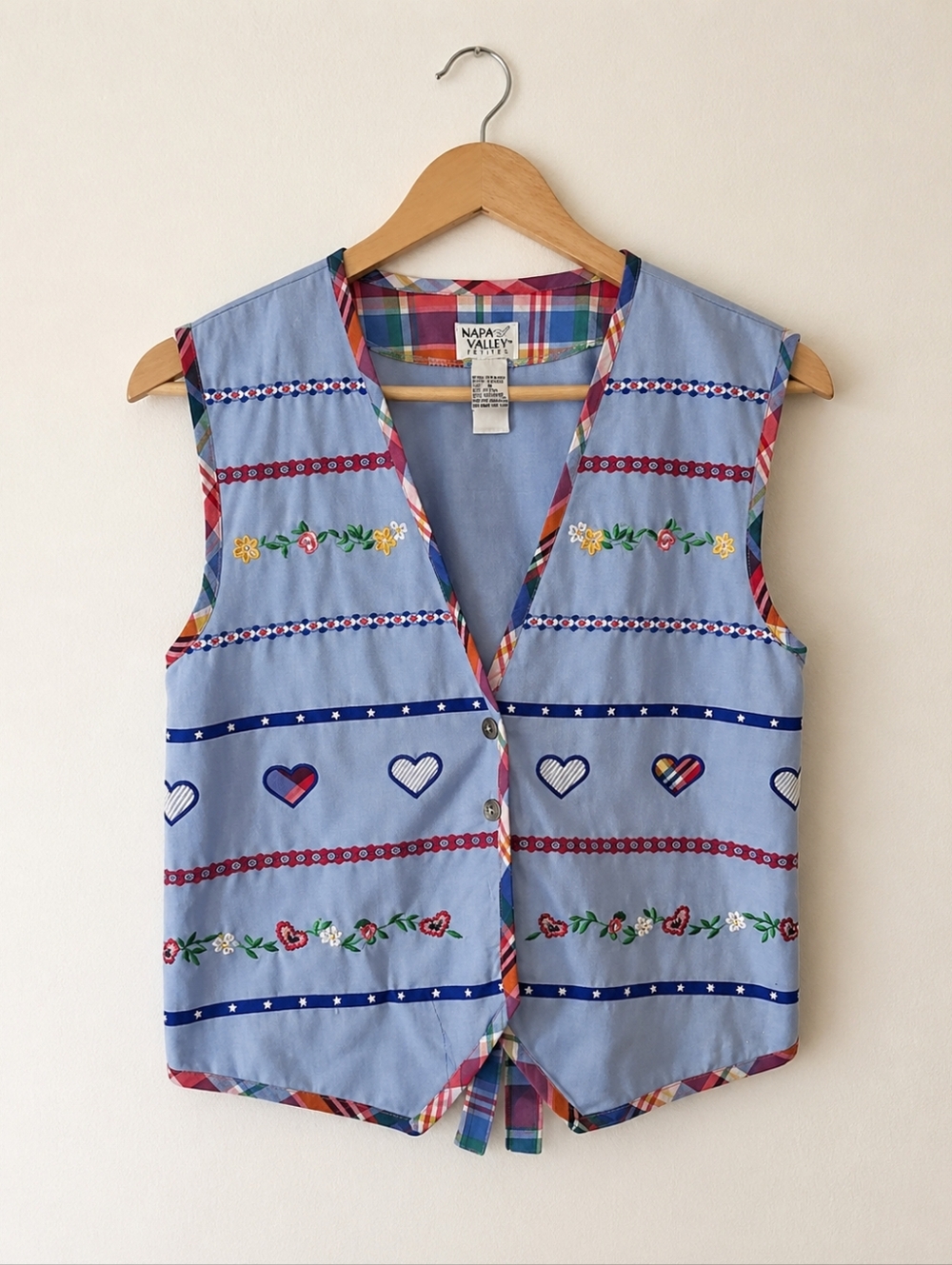 Vintage Napa Valley Women’s Vest – Hearts & Flowers, Plaid Trim, Medium